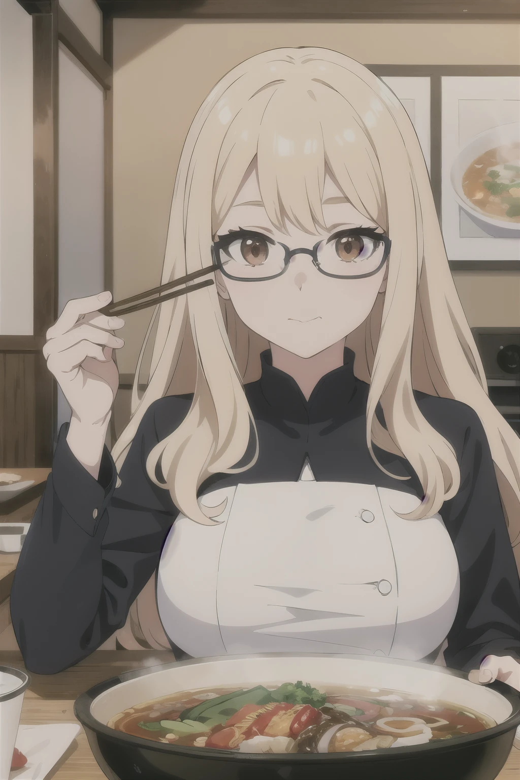 ((Highest quality)), ((masterpiece)), (detailed), One girl, sexy、ramen、eating、Glasses、Blonde、Long Hair、Curly Hair、Thin shirt、ramen屋、