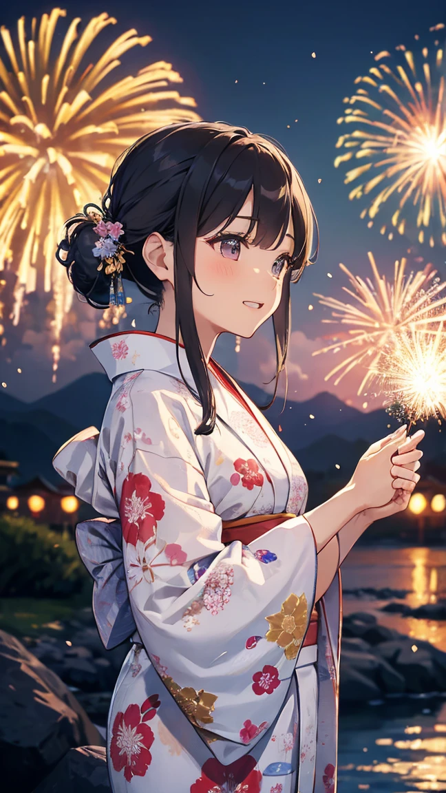 (Masterpiece of、Highest quality:1.2)、Ultra-detailed、Cinematic lighting、（（（Beautiful woman looking up at fireworks）））、Laughter、A woman wearing a kimono, Bathrobes, Elegant yukata, Wearing a colorful yukata, In kimono, wear Kimono, Japanese Kimono, In kimono, generally, wearing a haori, Morning glory pattern yukata, Japanese Style, wear Kimono,