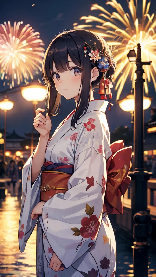 (Masterpiece of、Highest quality:1.2)、Ultra-detailed、Cinematic lighting、(((Beautiful woman looking up at fireworks)))、Laughter、A woman wearing a kimono, Bathrobes, Elegant yukata, Wearing a colorful yukata, In kimono, wear Kimono, Japanese Kimono, In kimono, generally, wearing a haori, Morning glory pattern yukata, Japanese Style, wear Kimono,