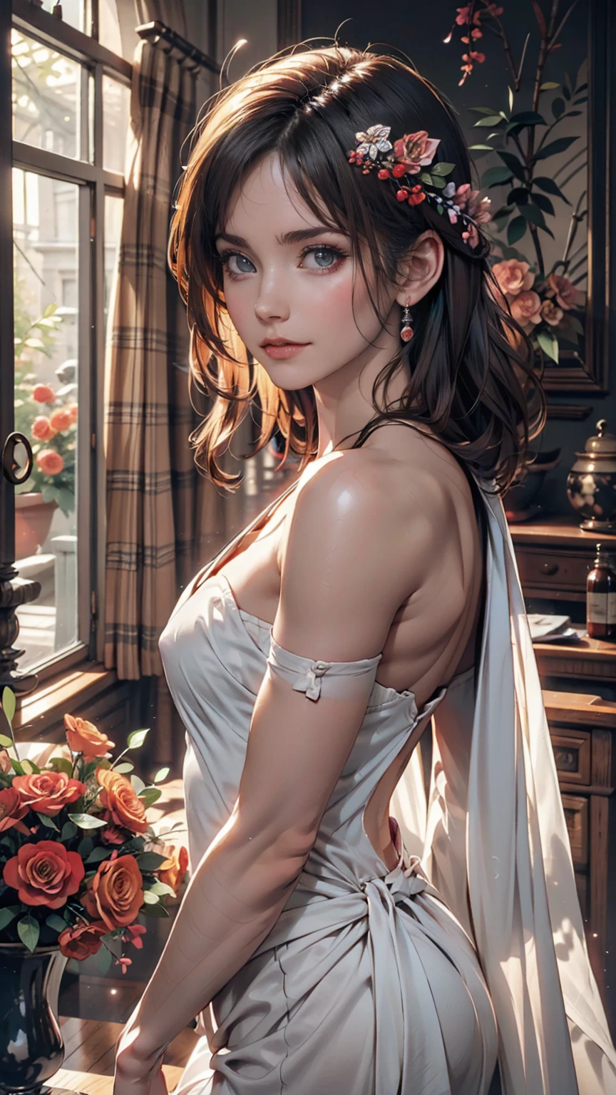 Female nude portrait painted in classical art style。A soft light illuminates the skin、The background features vintage-style curtains and flowers.