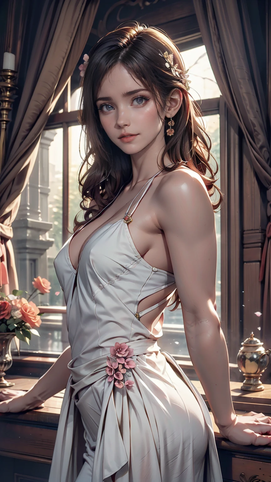 Female nude portrait painted in classical art style。A soft light illuminates the skin、The background features vintage-style curtains and flowers.