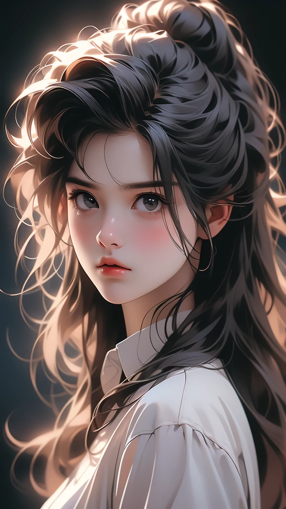 a closeup of a young woman with the hair up in the back, looking angry, staring at us in the camera, 1girl, solo, looking at viewer, shirt, messy hair, white shirt, portrait, collared shirt, realistic, long hair, black background
