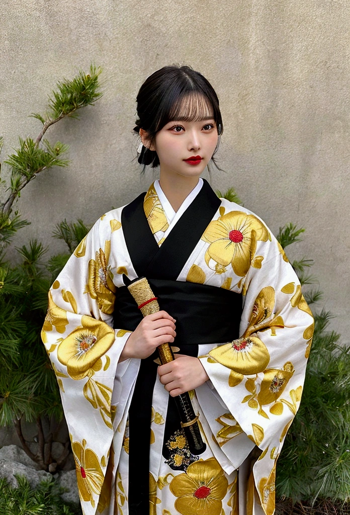 8k resolution、high resolution、high quality、Real、woman、20-year-old、A once in a century beauty、Body tilted to the right(45 degrees)Suitable for、A full-body depiction of her、Short-haired black hair(It has a gentle wave.)、A hairpin is in her hair、Shiny black hair with an airy feel、Clear and bright skin、Dignified eyebrows、Big eyes(Cat Eyes)、The black eyes are large and shining、The nose is small and high、Plump and moisturized lips、Small face、Sharp jawline、light makeup、Red and Black(mix)The kimono is detailed with golden floral embroidery.、Shiny kimono、He holds a Japanese sword in his right hand and carries it on his right shoulder.、A long, sharp Japanese sword、Shining Japanese sword、Background: Sunrise on the hill