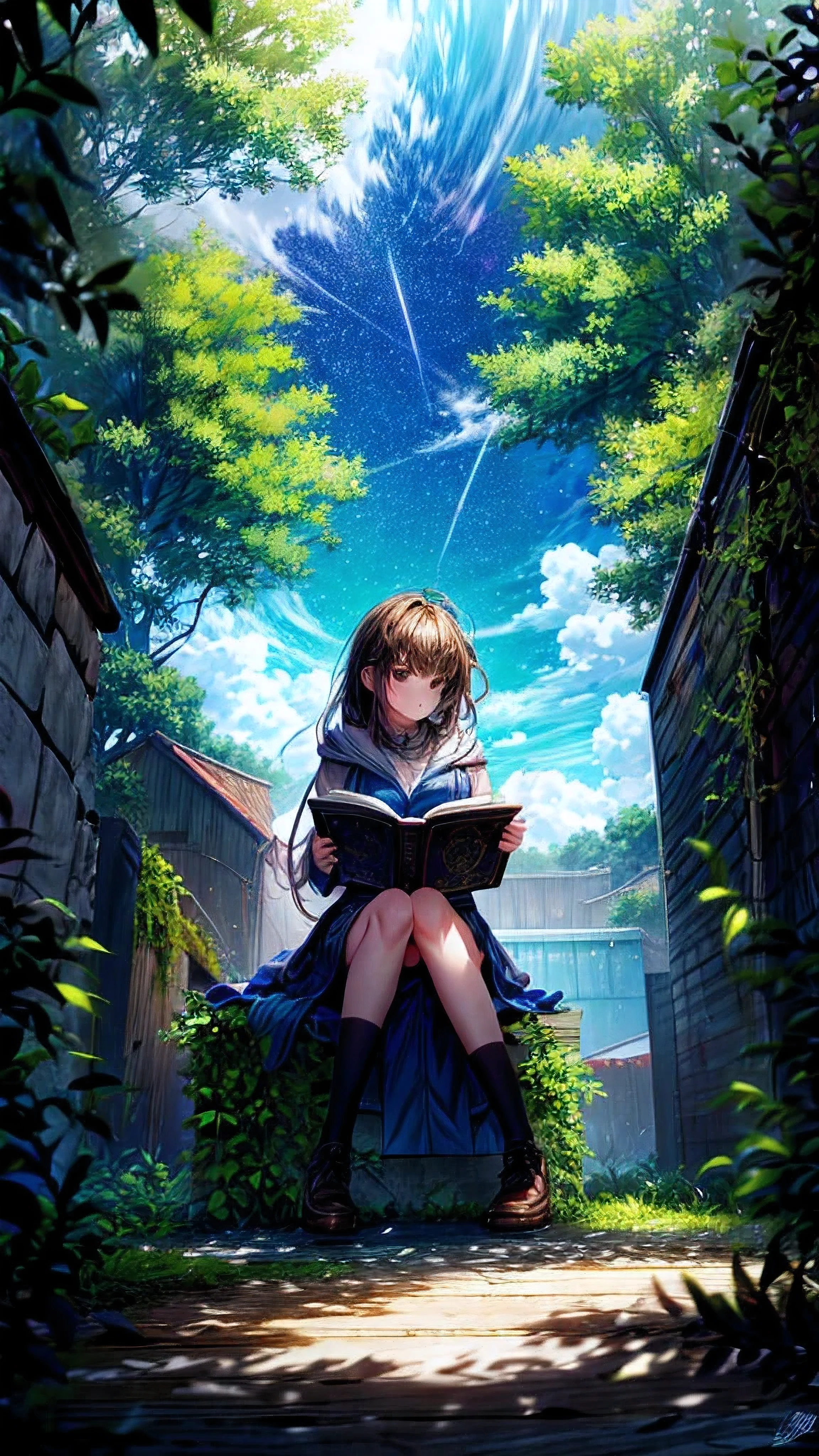 A  girl sitting under a tree reading a spellbook , get lost , Floating sticks in art  , Beautiful magic in shades of green , Very detailed , Ultra-high resolution , masterpiece ,