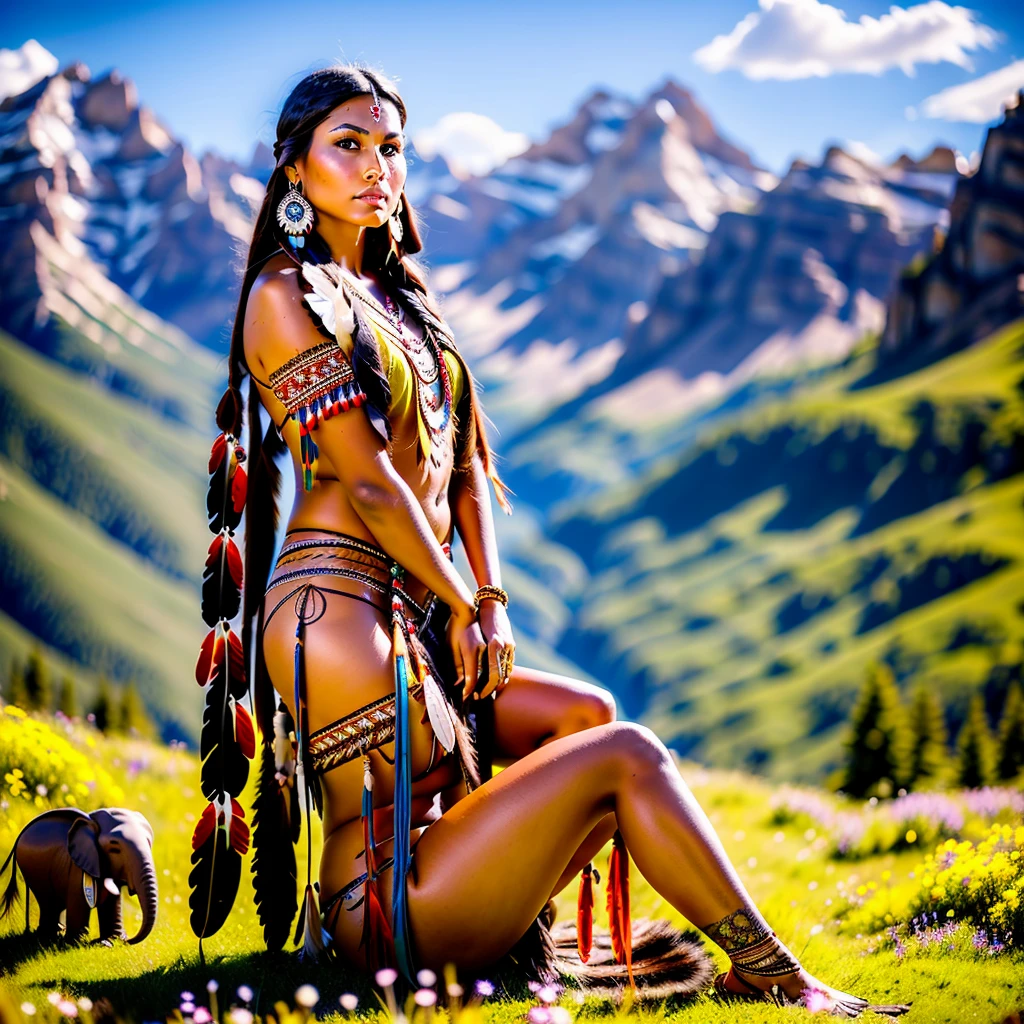 Realistic image of a beautiful Native American woman, alone, with long hair, looking at the viewer, black hair, brown eyes, jewelry, braid, earrings, dark skin, necklace, mole, dark-skinned woman, lips, tattoo, feathers, headdress, facial tattoo, Native American, sitting on the green grass, flowers and mountains with her elephant