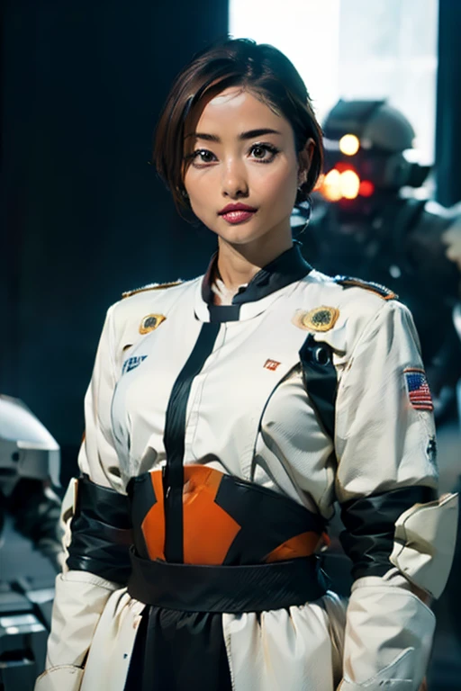 A still from a film showing a female mech pilot standing in front of her (Large combat mech:1.3), Sci-Fi Armor, military base, Strong winds, Sci-fi helmet in hand, visor, Detailed eyes, dry skin, Skin fuzz, Visible skin hair, Skin blemishes ,, Shallow depth of field, Vignette, Very detailed, big budget hollywood movie, Bokeh, CinemaScope, Sulky, amazing, nice, Film Grain