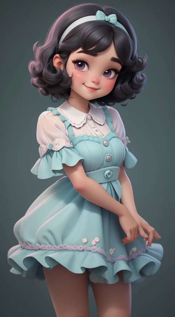 1 with short black hair,very short black power hair, curly hair, eyes black , smiling with lilac bow,lilac and aqua green dress with pearl details with white sabato and pearl details, she is standing, whole body ,doing it with hand number 1 With light brown skin