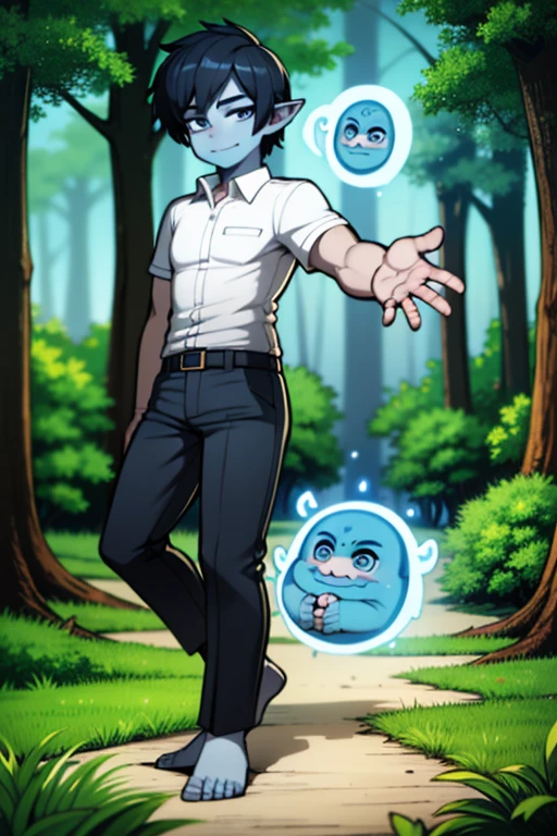 1Shui Ling Boy,High,muscle,20s,alone,((blue skin)),smiley face,White shirt,Black armor pants,blue hair,medium hair,sexy pose,green eyes,elf ears,barefoot,standing in front of a forest,Detailed face,masterpiece,HD,best quality,8k