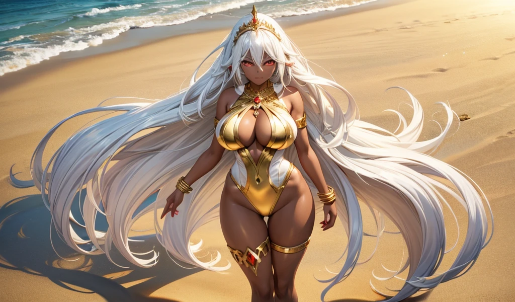 Dark-skinned adult woman with long white hair, huge breasts,White eyes and red pupils,gold tiara,gold bracelet,gold anklet,White one piece swimsuit,cleavage,thigh,Standing,Sunlight,on the beach