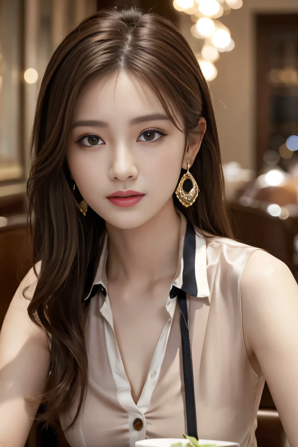 masterpiece, Highest quality, Realistic, Very detailed, Finer details, High resolution, 8k wallpaper, One beautiful woman, Wear a pretty colored silk shirt, In a great restaurant, At night, Light brown messy hair, Perfect dynamic composition, Beautiful and beautiful eyes、Big earrings、chest、Sleeveless shirt、