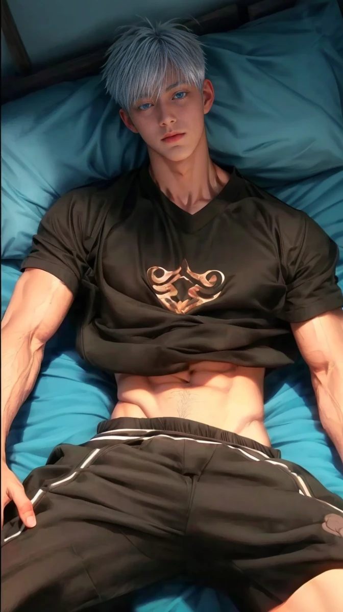 1boy, adult, handsome, perfect face, detailed eyes and face, clean shaved, muscular, capturing a rural atmosphere, dynamic lighting, unreal engine 5, hd picture, satoru gojo, white hair, short hair ,hair between eyes ,blue eyes, white skin, milk pink nipple details, bed mattress details