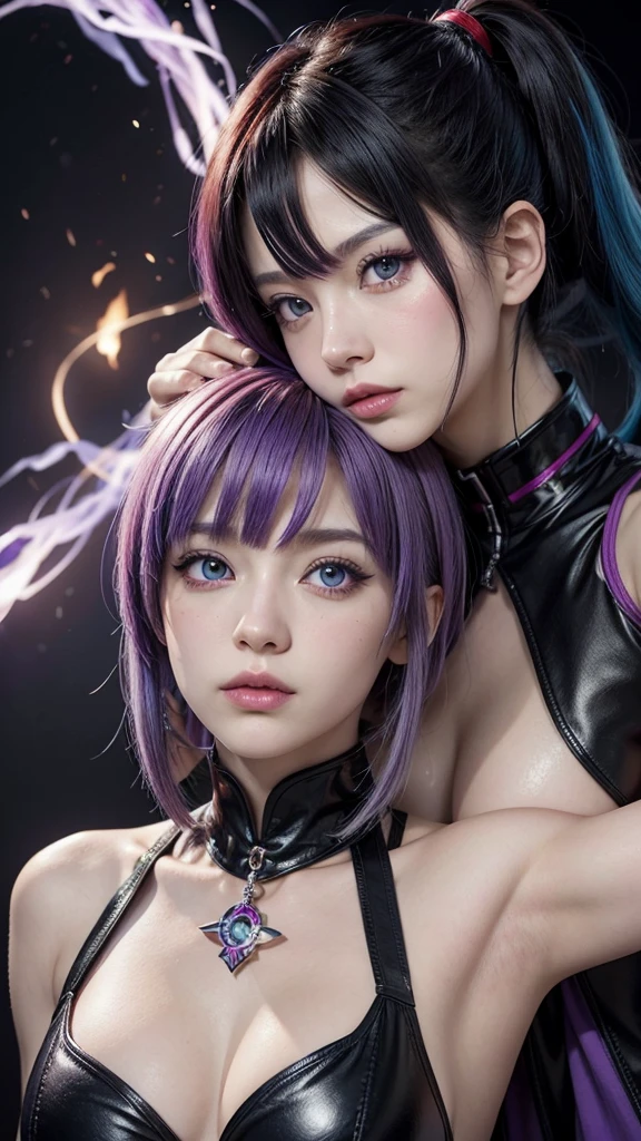 In the style of Genshin Impact, one with two visions, one pyro and the other cryu , She has big purple hair and two different colored eyes, one red and the other blue. 