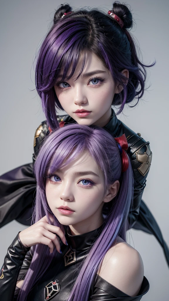 In the style of Genshin Impact, one with two visions, one pyro and the other cryu , She has big purple hair and two different colored eyes, one red and the other blue.