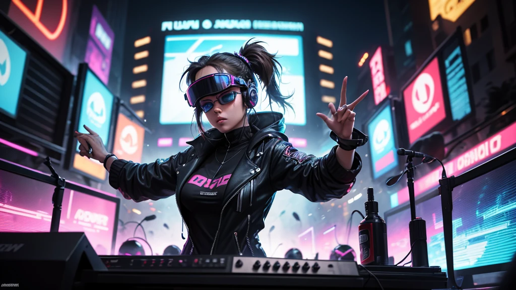 Design a realistic image capturing a 3D video game aesthetic within a Cyberpunk style theme. This scene unfolds in a vibrant public square, where a female DJ is the center of attention, performing energetically on her DJ console. She's donned in virtual reality glasses, a clear signifier of her deep immersion into the music and the digital realm she orchestrates. Around her, the atmosphere is alive with the hustle of a crowd, their forms rendered blurry by their constant motion, creating a dynamic contrast that further emphasizes the DJ's focal point status. This bustling crowd, both in front and behind her, blurs into the background, adding depth and motion to the scene. Neon lights and futuristic designs lace the environment, seamlessly merging with the urban fabric of the public square. The composition masterfully balances the sharp realism of the DJ's performance and the stylized, vibrant Cyberpunk vibe, set against the backdrop of an animated public space. The motion blur of the crowd enriches the scene's vibrant, otherworldly ambiance, highlighting the DJ's engagement and energy, with her virtual reality glasses symbolizing her connection to the music and the digital world. --no close-up --chaos 70 --ar 3:2 --style raw --stylize 1000 