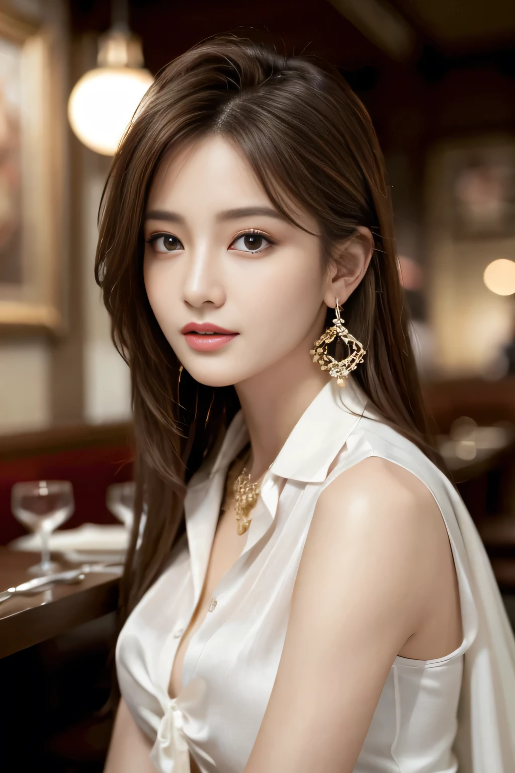 masterpiece, Highest quality, Realistic, Very detailed, Finer details, High resolution, 8k wallpaper, One beautiful woman, Wear a pretty colored silk shirt, In a great restaurant, At night, Light brown messy hair, Perfect dynamic composition, Beautiful and beautiful eyes、Big earrings、chest、Sleeveless shirt、