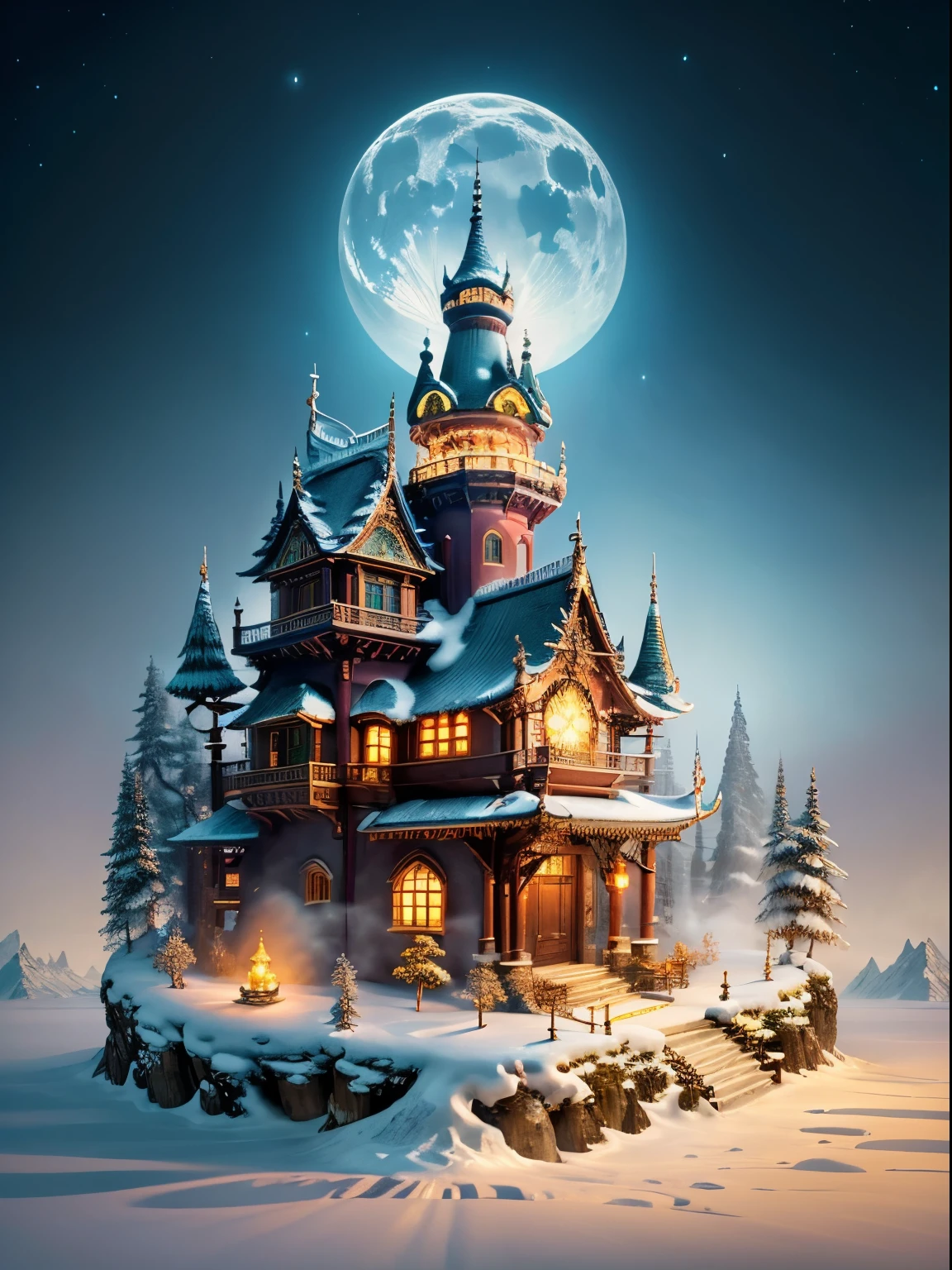 (masterpiece),(Super detailed:1.3),Highest quality,(Sparkling: 1.2), (Fantasy mythical winter wonderland: 1.4), ((Fresh, Chill, Mountain々, White Mist, , Expansiveness, bamboo forest, Frost flowers, diamond, Wind, Bamboo Leaves, sounds of nature, lake, , Pavilion, sacred, quiet, peaceful, Otherworldly, beautiful, quiet, in the middle of nowhere, treasure, nature, magic, creativity)), Illustration Style, and decoration, A dreamy winter wonderland, nice design style, evening, Snowfield, full moon, Bright colors, ((Wind変わりで魅力的なファンタジー)), Surreal Portraits, (Fantasy themed winter day), (Whimsical wonderland), (colorful, 霧に満ちたWind景), (Fascinating , magical creatures), (Vibrant, palace shrouded in fog), (white cloud road), (rich, Dreamy colors), (Twinkling Star) Elevated, (4th dimension dreamland), (Fascinating and Fascinating atmosphere), (Playful composition), (Vivid lighting effects), 1.4x Realism, Ultra-high resolution, displayed in this beautiful scene, (Very meticulous,Streamlined Design,Clear lines,High Sharpness,masterpiece,Official Art,Cinematic lighting effects,8k)