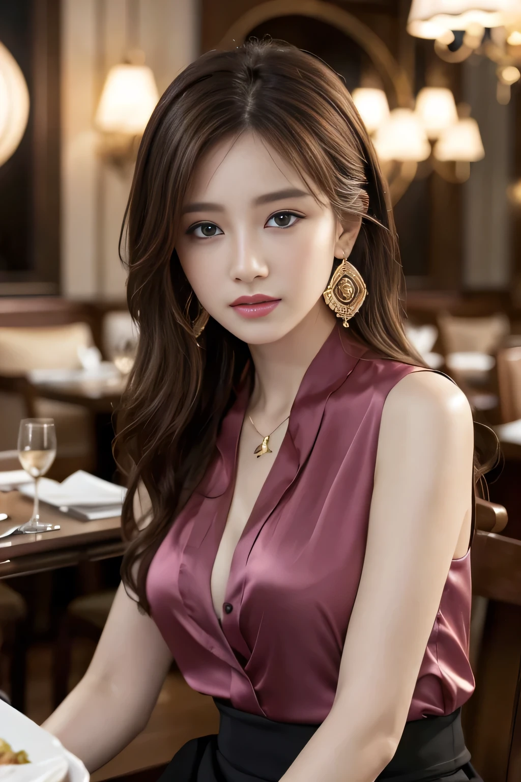 masterpiece, Highest quality, Realistic, Very detailed, Finer details, High resolution, 8k wallpaper, One beautiful woman, Wear a pretty colored silk shirt, In a great restaurant, At night, Light brown messy hair, Perfect dynamic composition, Beautiful and beautiful eyes、Big earrings、chest、Sleeveless shirt、