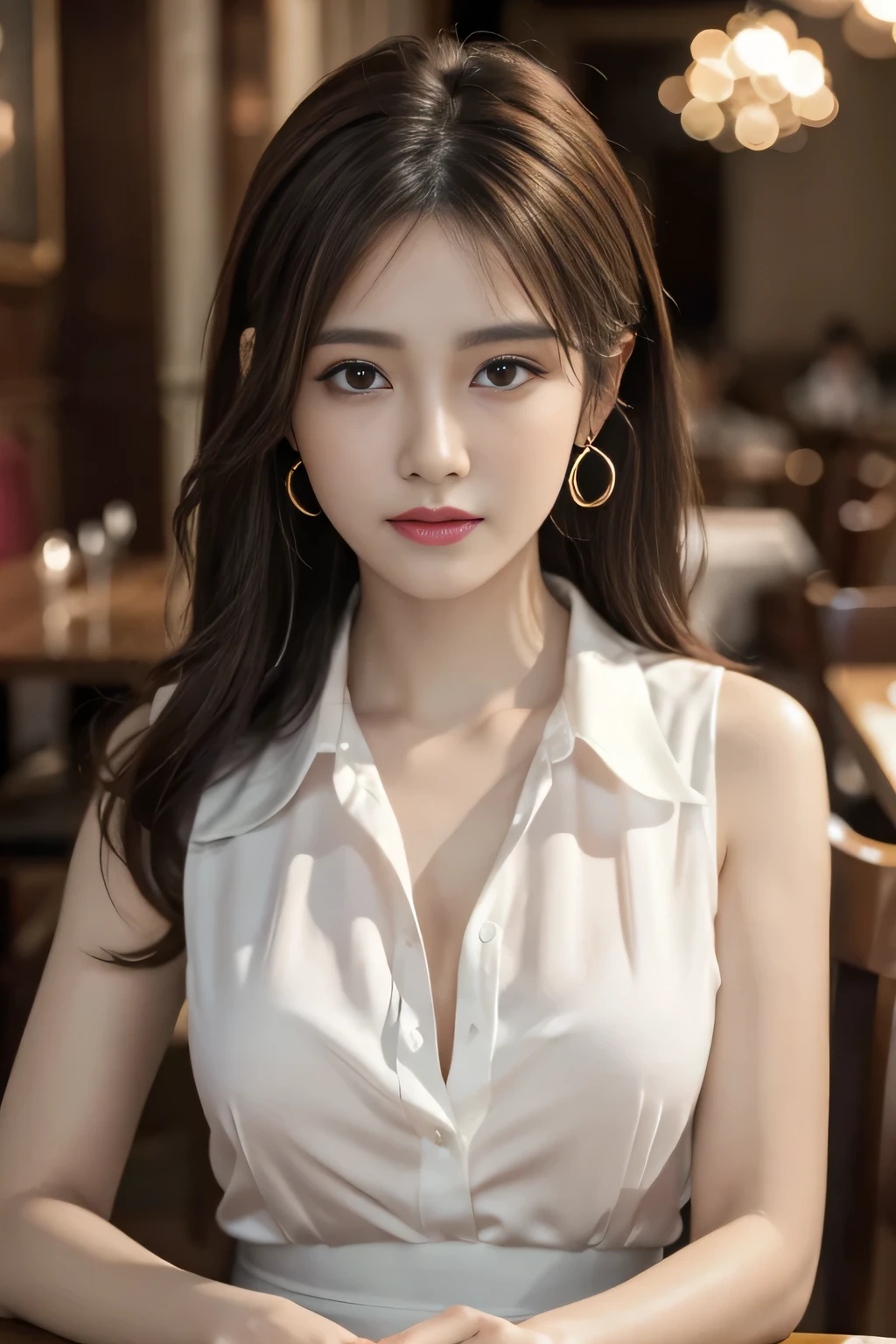 masterpiece, Highest quality, Realistic, Very detailed, Finer details, High resolution, 8k wallpaper, One beautiful woman, Wear a pretty colored silk shirt, In a great restaurant, At night, Light brown messy hair, Perfect dynamic composition, Beautiful and beautiful eyes、Big earrings、chest、Sleeveless shirt、