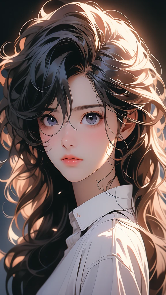 a close-up portrait of a computer-generated person with anime-like features and dark skin, 1girl, solo, looking at viewer, shirt, messy hair, white shirt, portrait, collared shirt, realistic, long hair, black background