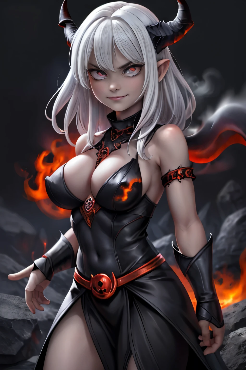 (The best quality,A high resolution,Ultra - detailed,actual),(demonic woman:1.1), blood, VISCERA, blood, War, death, hell,fiery atmosphere,ominous,scorching heat,red hot flames,devilish beauty,satanic presence,Bright red eyes,gloomy shadows,dark abyss,burning souls,demonic figures,fiery wings,aura terrible,tormented spirits,tortured souls,molten lava,powerful energy,dark powers, hellish landscape,eternal damnation,twisted horns,demonic laughter,intense heatwave,sulfurous smoke,dark magic,enchanted fire,evil look,burning tendrils,intense heat,hell ardiente,threatening presence,supernatural screams,devilish smile,dancing flames,ominous glow,(beautiful blue eyes), (black big stones background:1.4) , (cowboy pose ), (realistic) ,8K high quality detailed art, Fanart Mejor ArtStation, Fantasy art style , (long white gray hair:1.4)