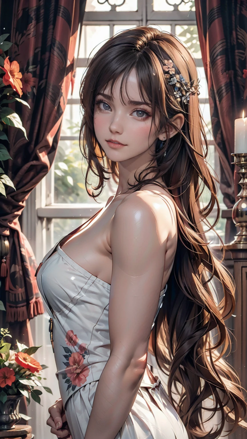 Female nude portrait painted in classical art style。A soft light illuminates the skin、The background features vintage-style curtains and flowers.