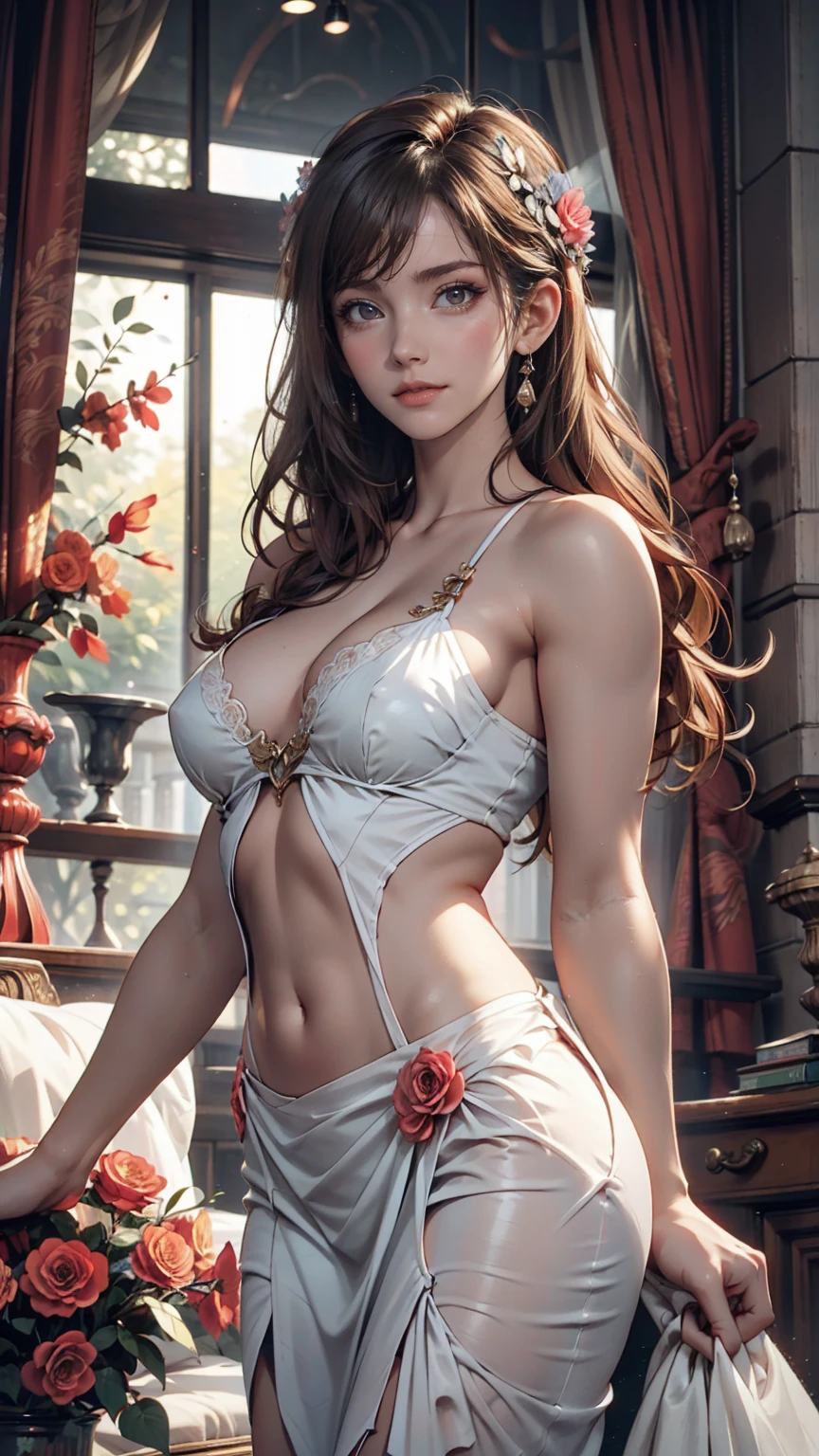 Female nude portrait painted in classical art style。A soft light illuminates the skin、The background features vintage-style curtains and flowers.