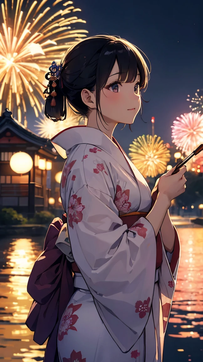 (Masterpiece of、Highest quality:1.2)、Ultra-detailed、Cinematic lighting、(((Beautiful woman looking up at fireworks)))、Laughter、A woman wearing a kimono, Bathrobes, Elegant yukata, Wearing a colorful yukata, In kimono, wear Kimono, Japanese Kimono, In kimono, generally, wearing a haori, Morning glory pattern yukata, Japanese Style, wear Kimono,