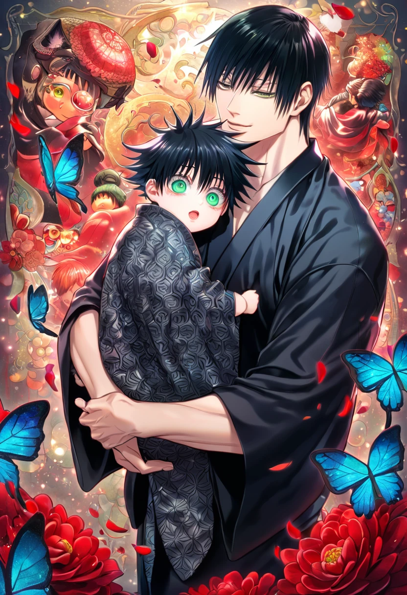 absurdres, highres, ultra detailed, HDR, master piece, Fushiguro Touji, black hair, expressive green eyes, Yugen as a little kid, black long hair, expressive red eyes, Jujutsu Kaisen, black kimono, black haori with patterns, a handsome man carrying a cute boy, best quality, blue butterflies, red butterflies, red flowers, fantasy, magical, solo, red shining fireflies, red petals, sensual, handsome smile