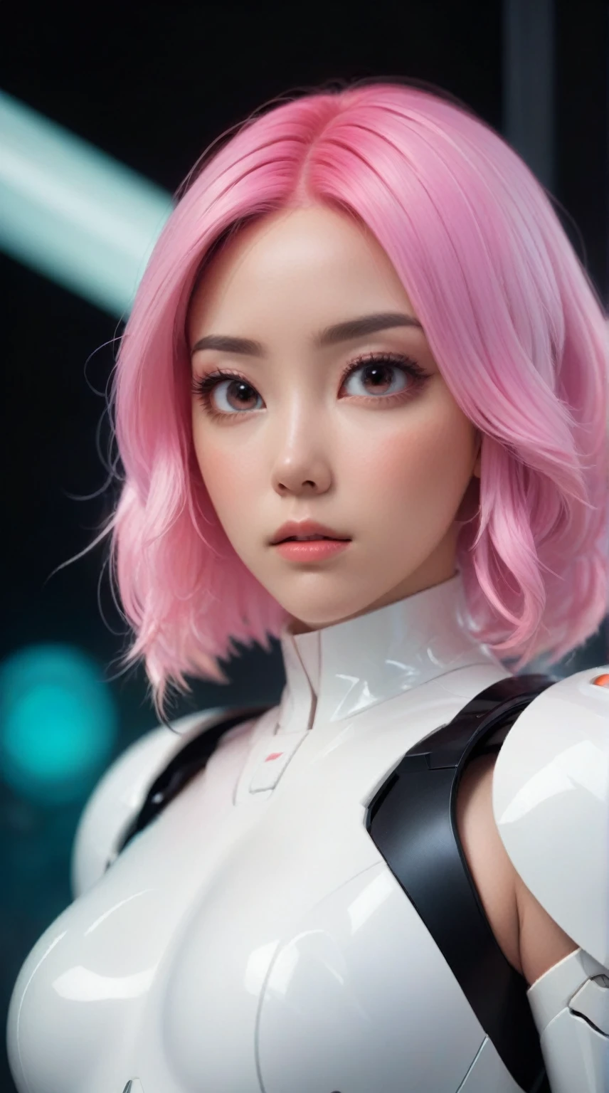 a close up of a woman with pink hair wearing a white suit, portrait of a female android, ross tran 8 k, portrait of a sci - fi woman, cute girl with short pink hair, portrait armored astronaut girl, portrait beautiful sci - fi girl, pink iconic character, with pink hair, inspired by Yanjun Cheng, portrait anime space cadet girl