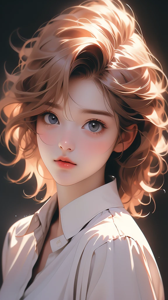 a portrait of a girl with short reddish blond hair, a dress and a white button down shirt, 1girl, solo, messy hair, looking at viewer, shirt, white shirt, portrait, black background, nose, realistic, collared shirt