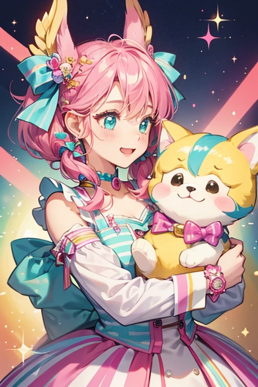 A gumdrop GIRL dog Num with a excited expression. She has 2 fuchsia stripes side by side with a teal stripe in the middle. She wears a light gold bow between her ears. SPARKLE; GLITTER