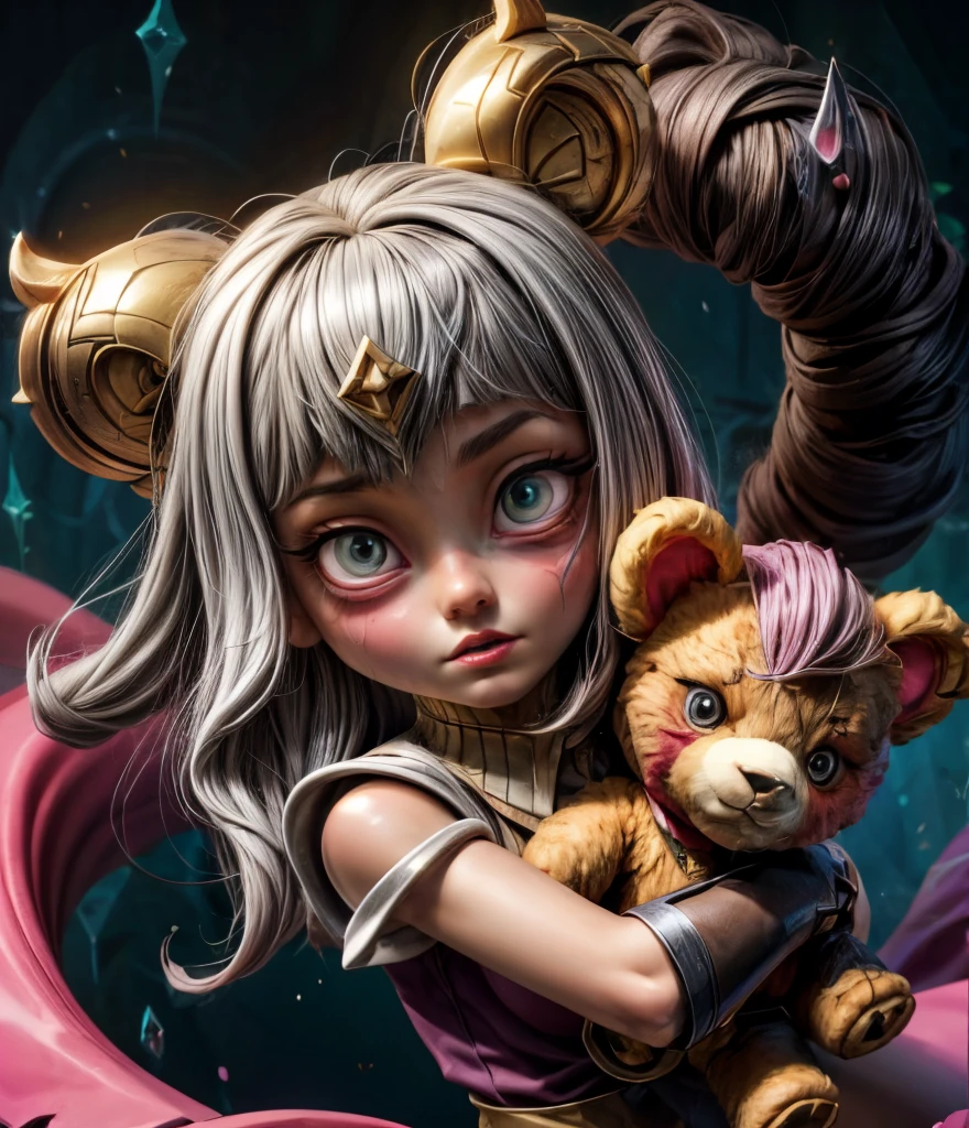 [(League of legends:1.5), creepy, dark, black and white, detailed manga line art, scared, psychological horror, grotesque, morbid, surreal], a girl holding a teddy bear, Annie, character from League of Legends