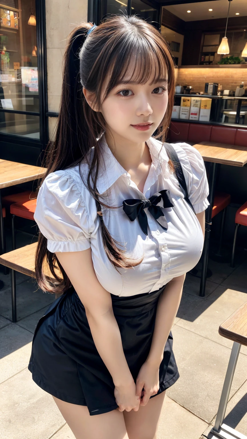 masterpiece, best quality, illustration, Super detailed, fine details, High resolution, 8K,wall paper, perfect dynamic composition,(Details High quality, realistic depiction of eyes:1.3), restaurant, waitress uniform, ponytail, large breasts, black hair color, Big Natural Color Lip, bold sexy pose, (perfect body shape), crying a little、Harajuku style、20 year old girl、cute type, beautiful legs, hposing Gravure Idol, Voluptuous thighs
