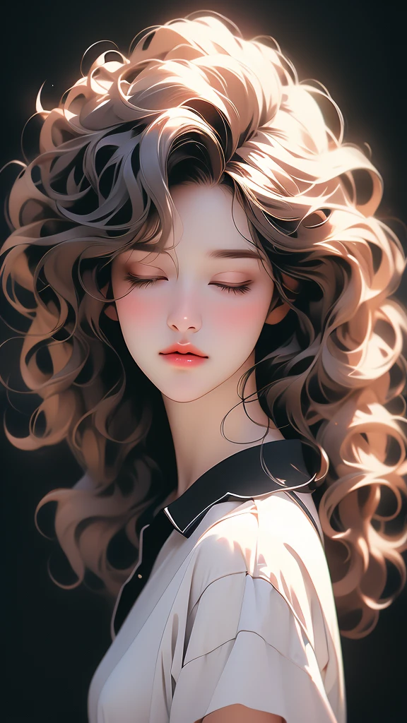 a virtual creation of a woman with curly hair and her eyes closed, 1girl, solo, messy hair, looking at viewer, shirt, white shirt, portrait, black background, nose, realistic, collared shirt