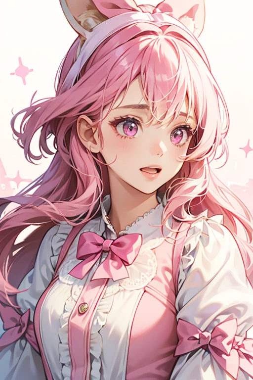 A GIRL dog glittering pink and white gumdrop num with basic eyes and a wide-opened mouth. She wears a glittering magenta bow on top of her head.  SPARKLE; GLITTER