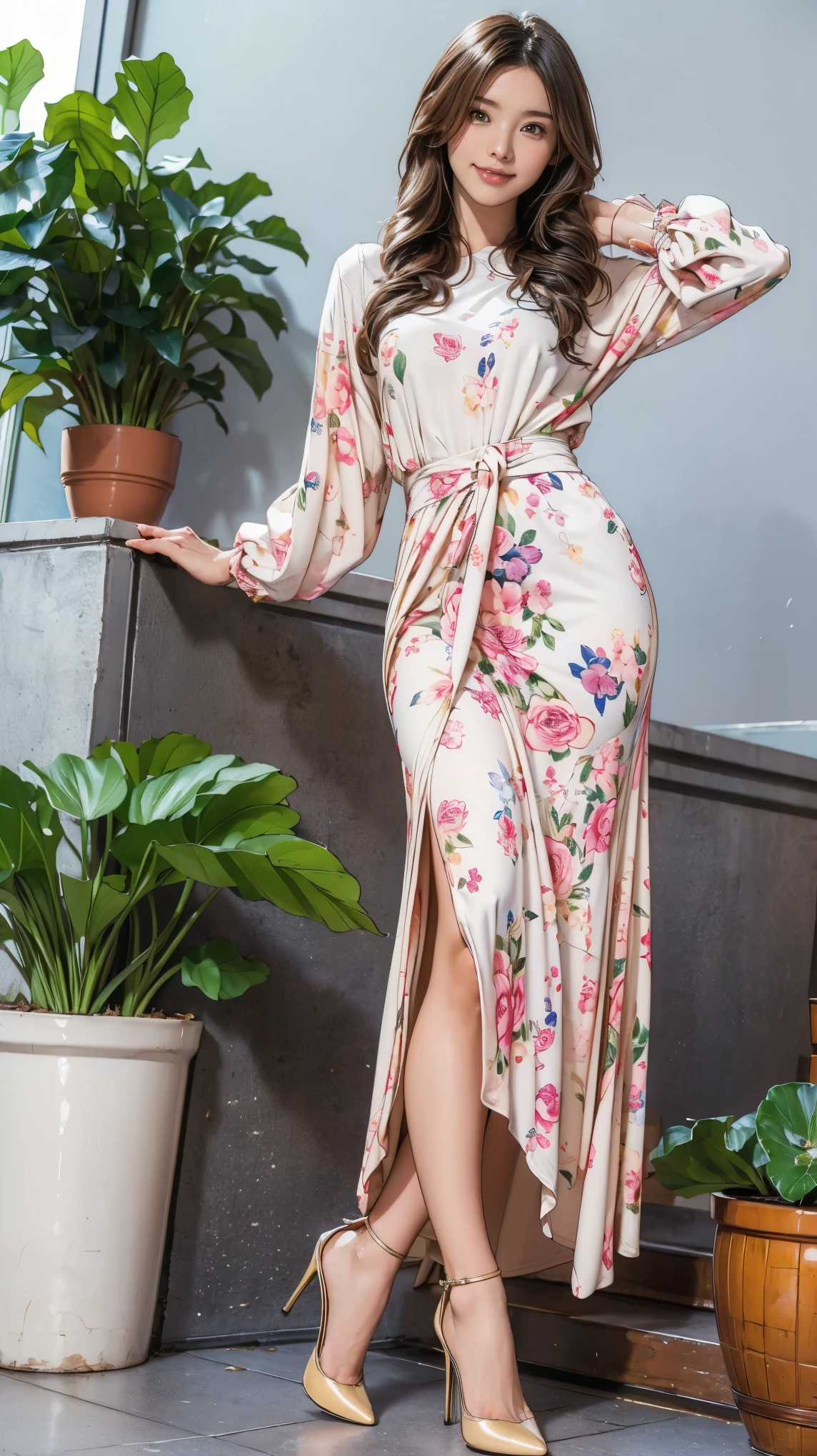 ((masterpiece)),(((Highest quality))),A low-angle shot that highlights beautiful thighs:1.5,Long legs,The best smile:1.5,Slim figure:1.5,whole body:1.5,(One Girl:1.3),(Viewer Display:1.4),(Pointy high heels:1.3),(Stand with legs apart on the top of a mountain:1.2),(Wear a long skirt dress with floral or plant patterns:1.2),Curly and blonde hair:1.5,