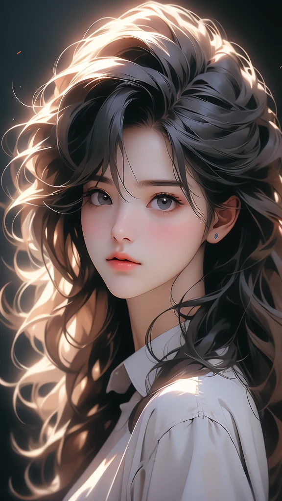 a woman's face is covered up with hair blowing around her eyes, 1girl, solo, messy hair, looking at viewer, shirt, white shirt, portrait, black background, nose, realistic, collared shirt