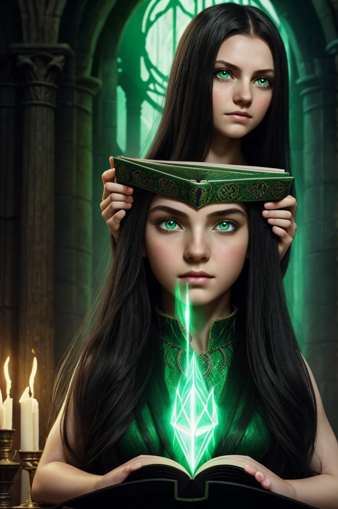 a giant book,with ancient and magical appearance,inside it is captured the image of a girl,She is short,White skin,light green eyes,her long hair,smooth and black,his look is scared,linked with regret,her ancient sorceress dress,realistic digital video game illustration,book cover 