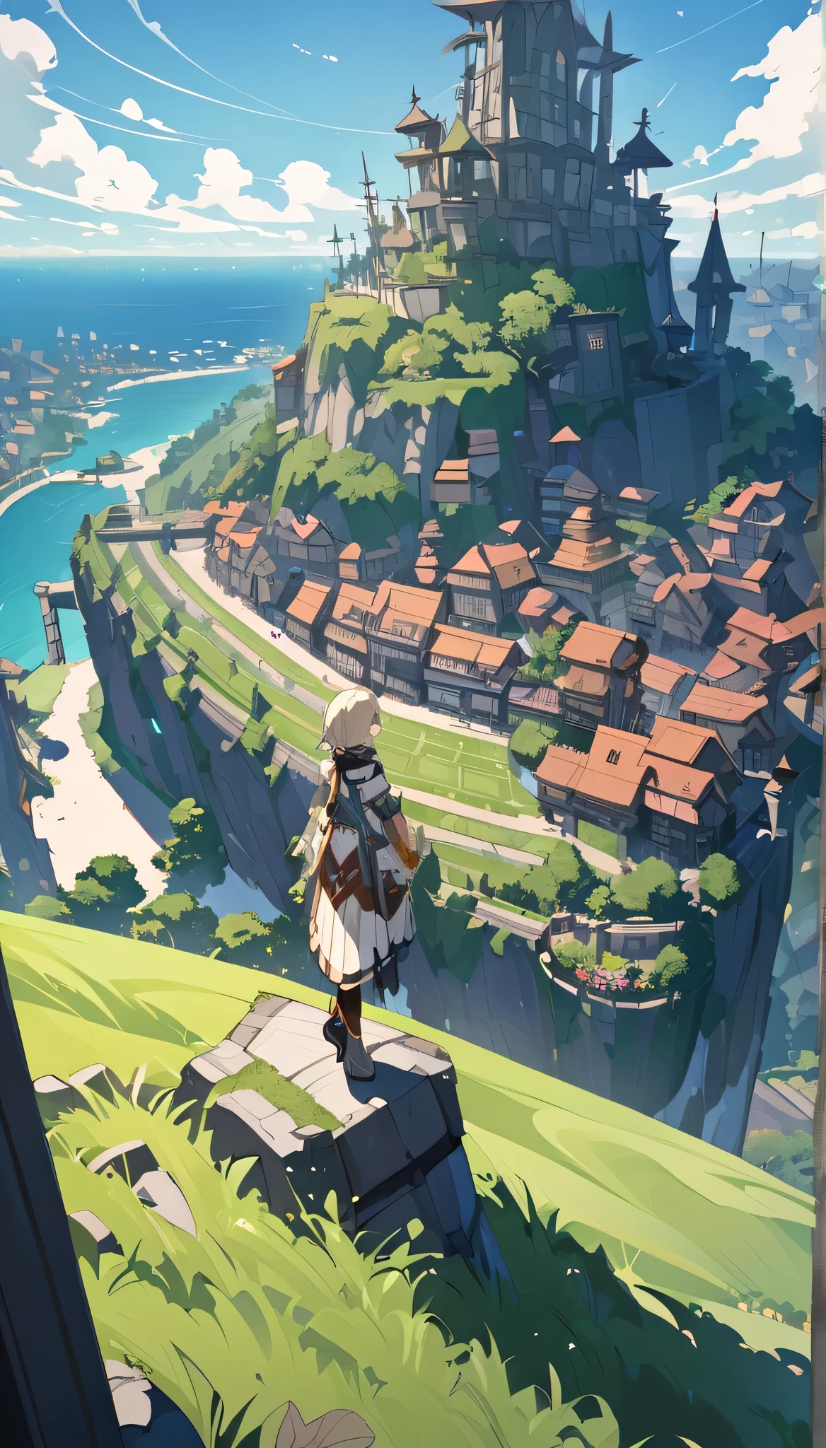 A character standing on a grassy hill overlooking a coastal town. Fantasy world, city beautiful .ultra 4k