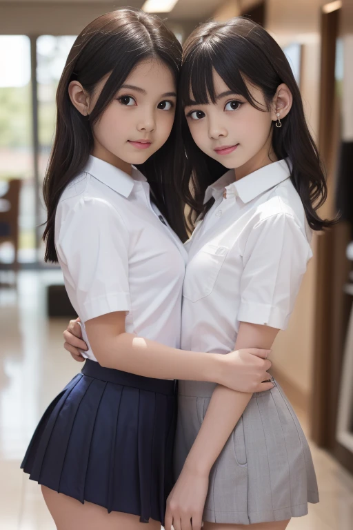 masterpiece, Highest quality, 8k, Young and beautiful girl, Baby Face、Clothed small breasts、((((I can see your chest))))((((((10 years old)))))),((Small breasts:1.3)), photo shoot, Cute Face, Thighs,、smile, 10 generations, Detailed face, Background blur、Long Hair、Black Hair、Small breasts、Tight waist,(((((Small breasts))))mini skirt((White collared shirt))mini skirt、Navy Pleated Skirt、high school girl、necklace((((2girls))))((((2girls))))