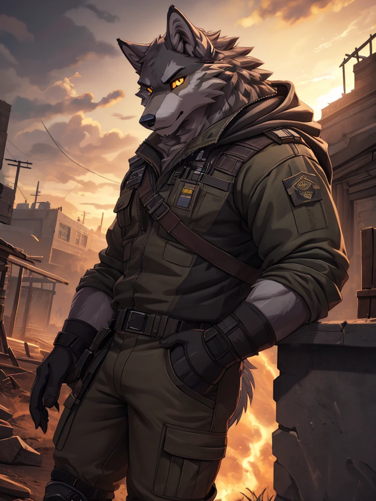 high quality, best quality masterpiece, the best definition add_detail:1 aesthetic and lighting details Wolf male apocalypse survivor, practical dirty techwear clothing, mature muscular male, thick body, dark gray fur, apocalypse landscape, body with tattoo, detailed eyes, pupila amarilla yellow eyes add_detail:1