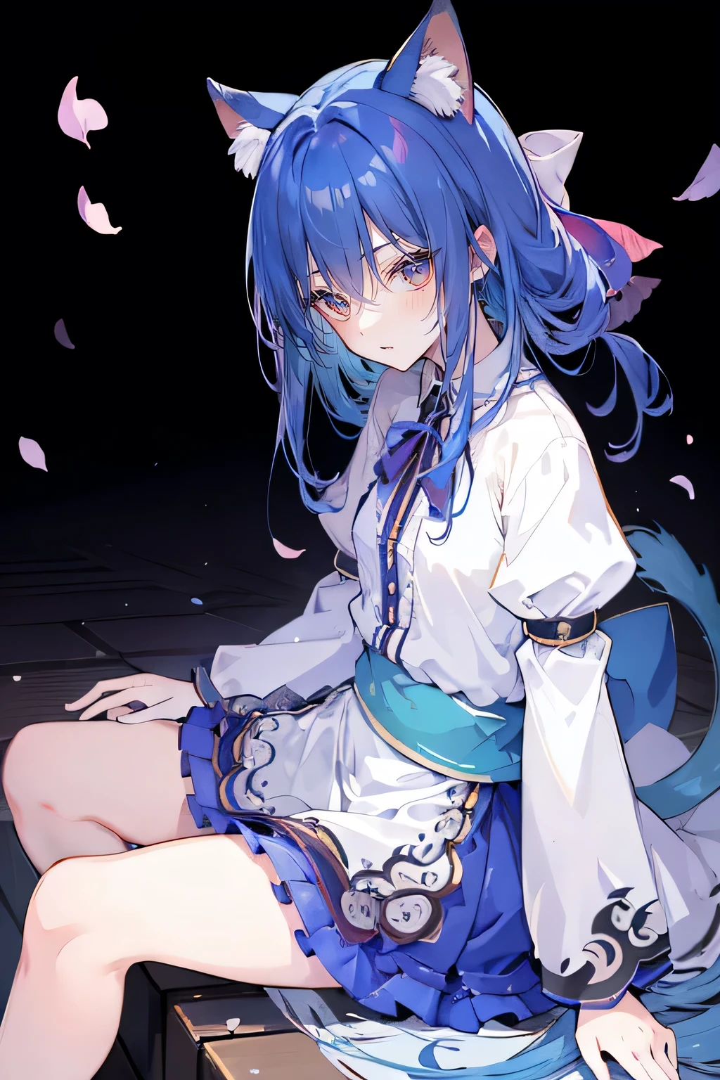 (masterpiece:1.2),ultra-detailed,realistic,expressive eyes,fair-skinned,perfectly shaped face,1girl,
Japanese cartoons,Gorgeous blue hair, flowing blue hair,floating clothes,cat ears,petals falling,beautiful Lola,Hina Angel,
hands on waist,gracefully sitting on the ground,legs crossed,gentle and serene background,cool and comfortable pavilion.