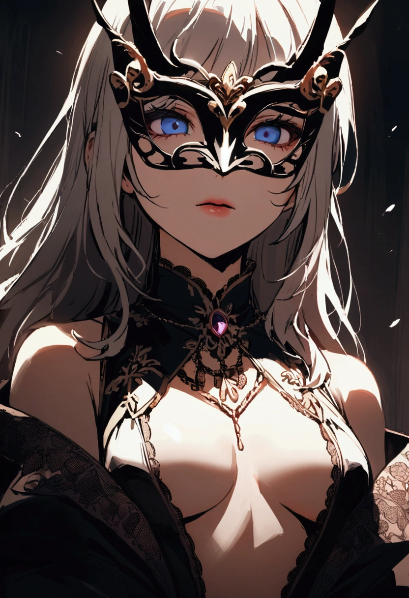 One girl wearing a masquerade mask, Only the mouth is visible, The eyes of the mask are white and cannot be seen., The eyes are hidden by the mask, Big Mask
