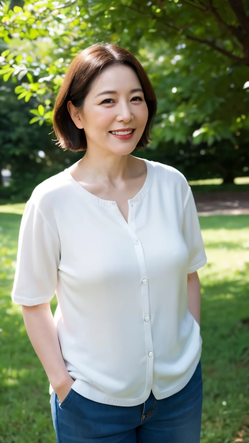 Standing in the park, Wrinkles around the eyes, Smiling with teeth showing, Plain short-sleeved clothing, senior citizen, Draw lips correctly, Red lipstick, No discomfort, 16K, Highest quality, Very detailed, Realistic, Very detailed肌, (Japanese), (alone), 60 years old, Large Breasts, , Glamour, sexy, Chromo White Skin, Staring straight ahead,