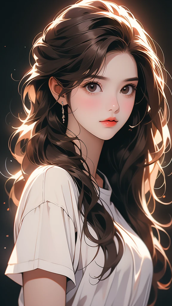a woman with long brown hair looks at camera in business attire with a white shirt, 1girl, solo, long hair, shirt, black background, looking at viewer, brown hair, white shirt, simple background, upper body