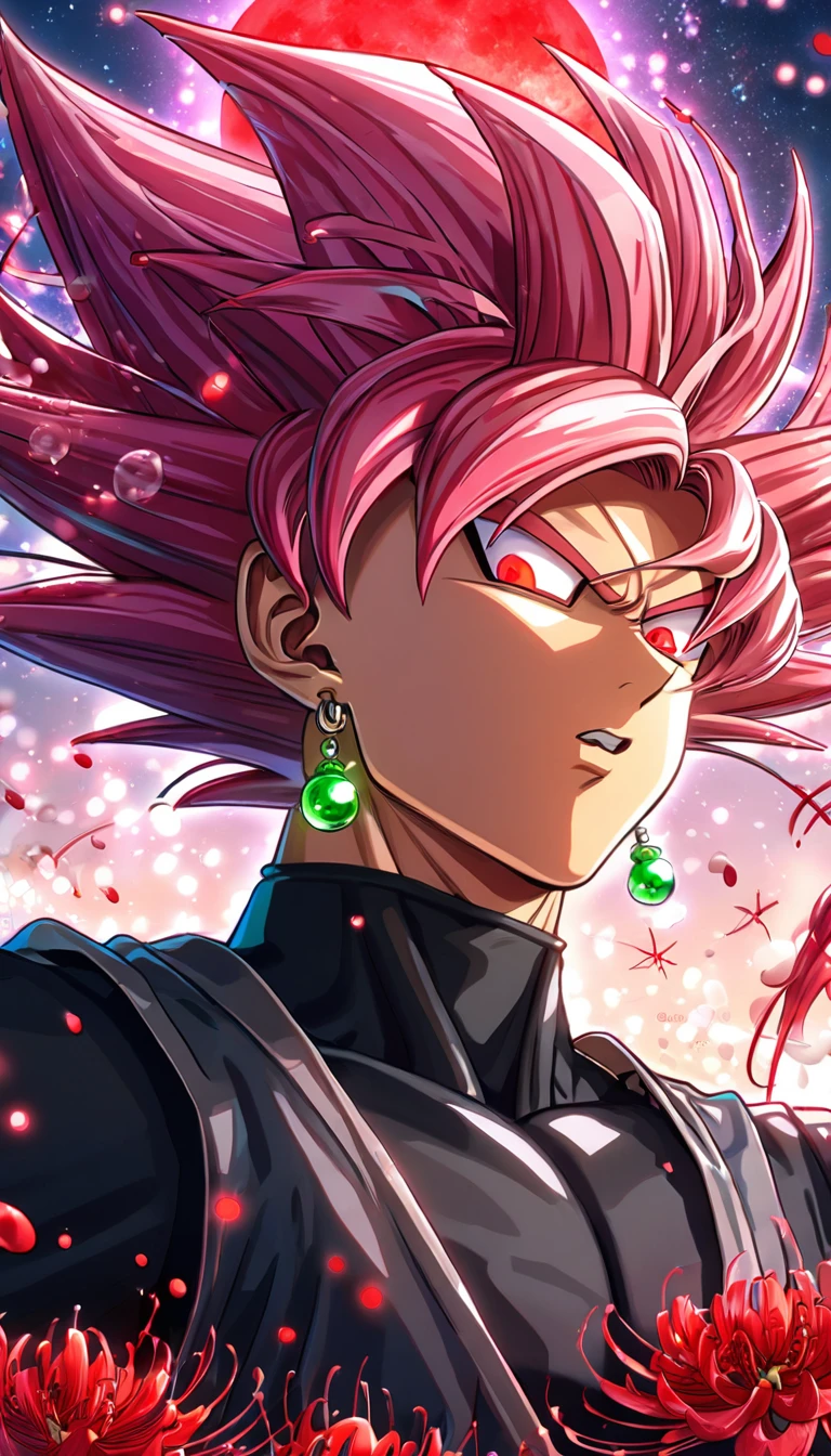 absurdres, highres, ultra detailed, HDR, master piece, best quality, extremely detailed, Goku black, pink hair, green earring, expressive red eyes, Dragon Ball Super, solo, sexy man, handsome, sensual, black clothes, fantasy, red blood water, sparkling, red glittering fireflies, red moon, red blossoms, red spider lilies, red sparkling lights, starry sky, magical