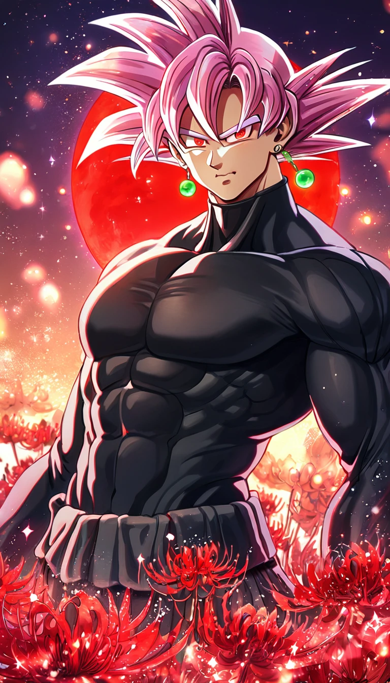 absurdres, highres, ultra detailed, HDR, master piece, best quality, extremely detailed, Goku black, pink hair, green earring, expressive red eyes, Dragon Ball Super, solo, sexy man, handsome, sensual, black clothes, fantasy, red blood water, sparkling, red glittering fireflies, red moon, red blossoms, red spider lilies, red sparkling lights, starry sky, magical
