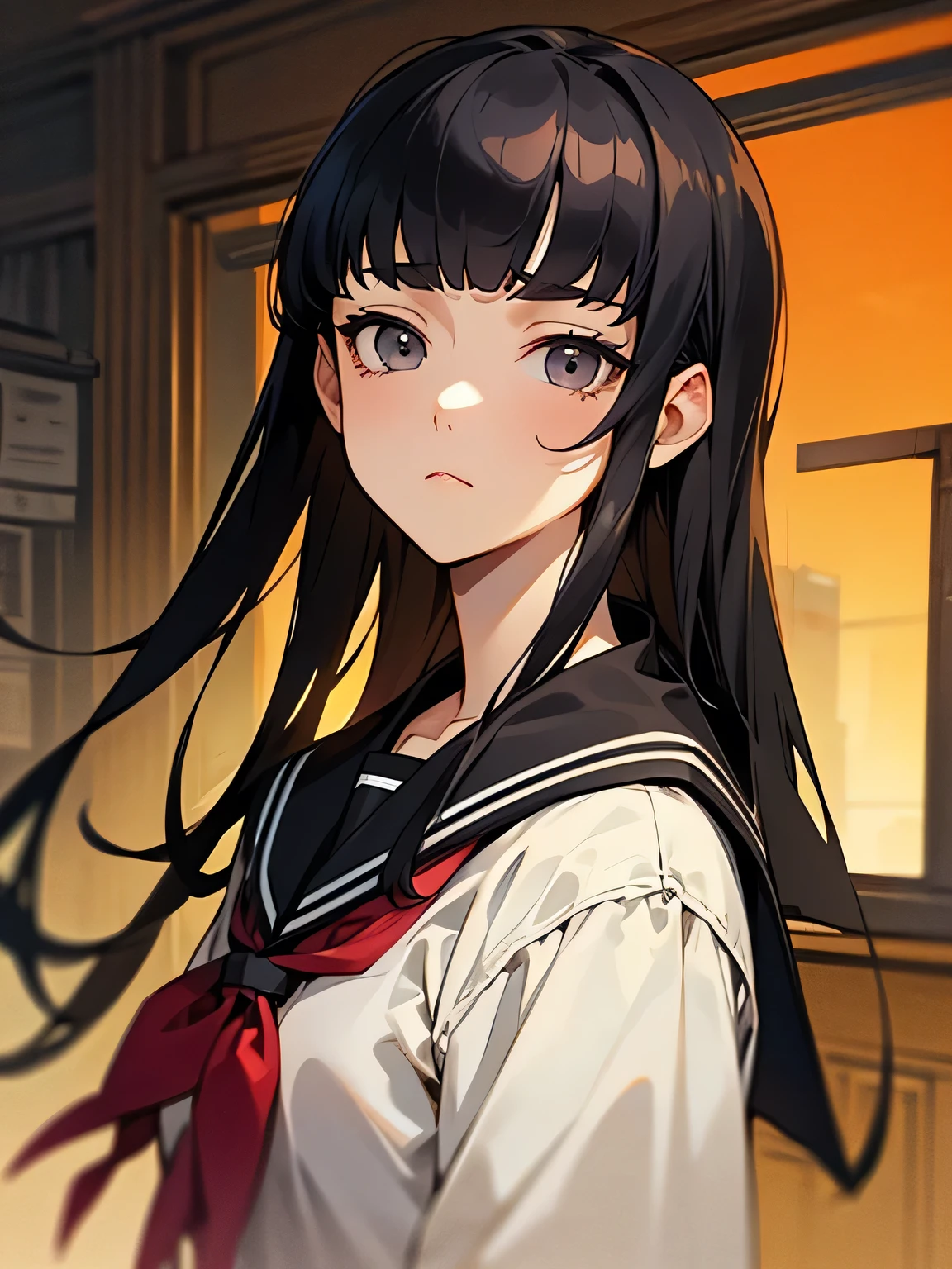 solo, upperbody, black long hair, (short sideburns), (blunt bangs), gray color eyes, expression that wants to say something, black seifuku, school library, evening,