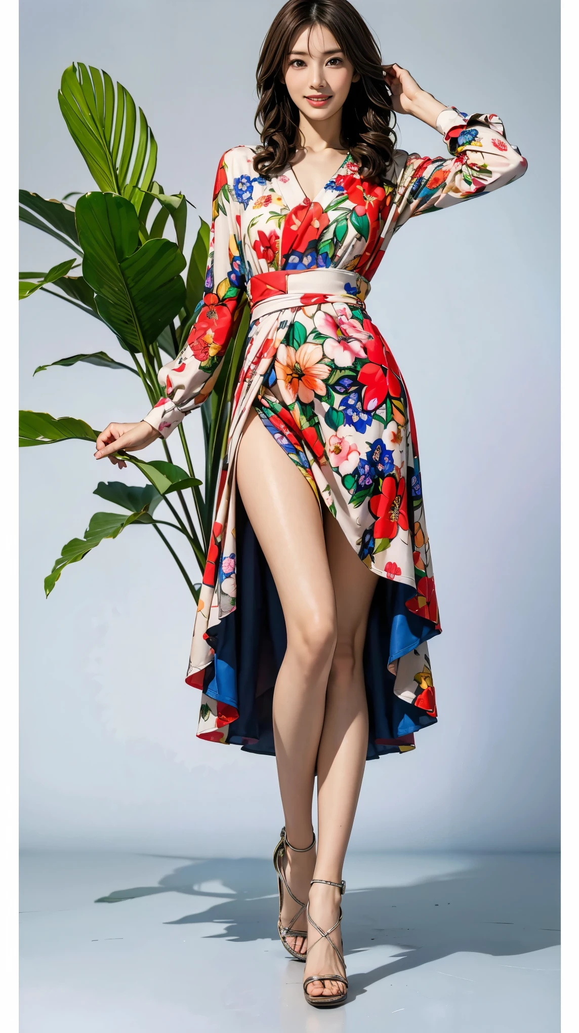 ((masterpiece)),(((Highest quality))),Character design sheet:1.5,Long legs,Slender figure:1.5,whole body:1.5,(One Girl:1.3),(Viewer Display:1.4),The best smile:1.5,(Pointy high heels:1.3),(Stand with legs apart:1.2),(Wearing a floral and plant print mini dress:1.2), Curly Hair:1.5,High waist:1.5,