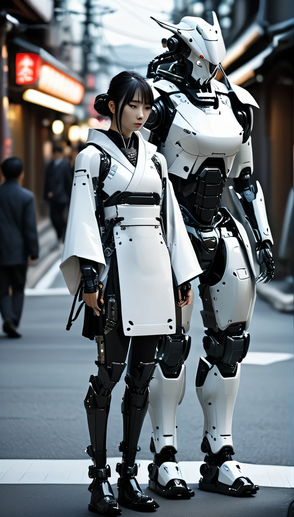 Girl walking on the street holding a phone texting, , walking next to a highly detailed and realistic samurai robot bodyguard with humanoid features. The setting is an urban street that appears to be in Japan, with a background of bright city lights and signs. The contrast between traditional clothing and futuristic robots will be striking, emphasizing the blend of historical culture with cutting-edge technology.